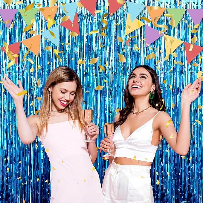 3 Pack Lake Blue Foil Fringe Curtains Backdrop, 3.28 x 6.6 Ft Metallic Streamers Tinsel Curtains Background for Photo Booth, Birthday, Halloween, Christmas, Thanksgiving, New Year Party Decorations