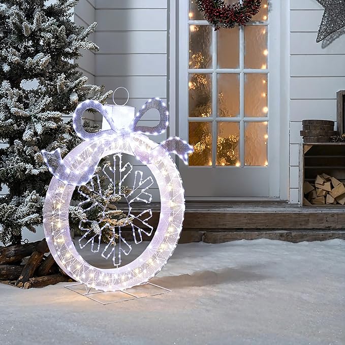 LuxenHome 3FT Lighted Ornament Christmas Outdoor Decorations, Large Light Up Christmas Ornament with Snowflake Yard Decorations Outdoor with 270 LED Lights, Lawn Decor for Xmas, Porch Display