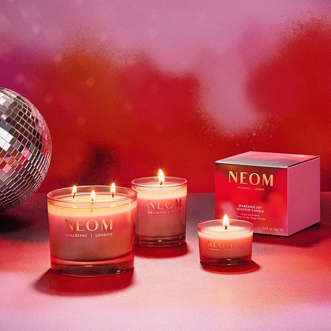 NEOM Sparkling Joy Scented Candle, 3 Wick, 185g I Ginger, Lime and Vetiver I 100% Naturally Derived Wax I 100% Natural Fragrances I Invigorating