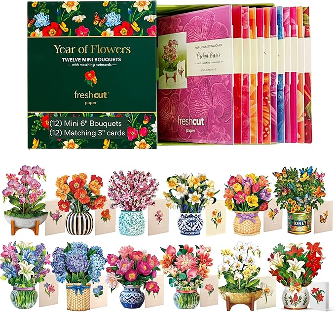 Freshcut Paper Pop-Up Greeting Cards, 6x6 Inch Mini Paper Flower Bouquets, 12 Count Assortment, Multicolor Floral Occasion Cards, Blank Inside, Pop-Up Feature