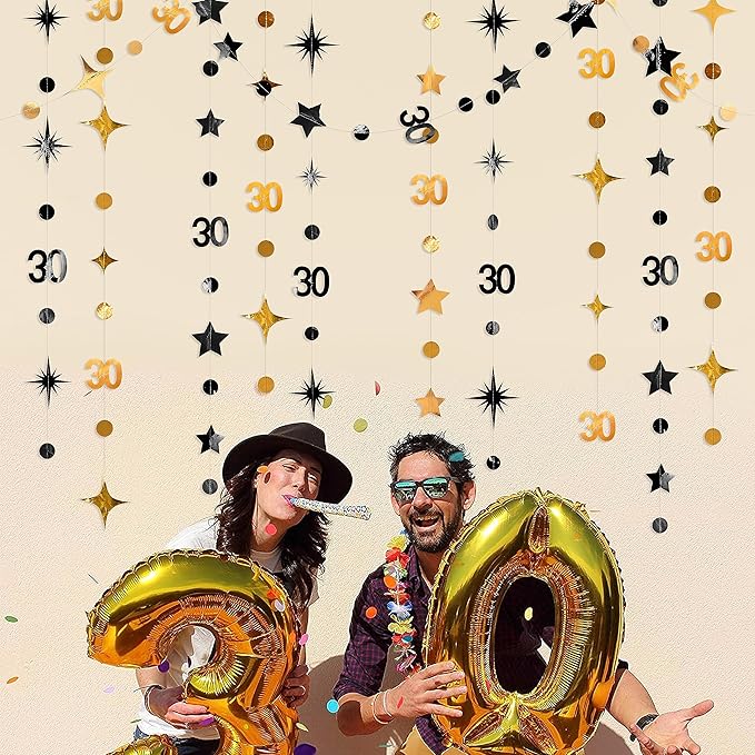 Black Gold 30th Birthday Decorations Number 30 Circle Dot Twinkle Star Garland Metallic Streamer Bunting Banner Backdrop for Mens Womens Happy Dirty 30 Year Old Thirty Anniversary Party Supplies