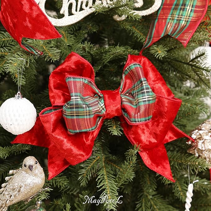 MAYREEL Red Crushed Velvet Wired Ribbon 4 Inch Thick Luxurious Reversible Tartan Christmas Ribbon with Plaid Back for Tree Decorations, Garlands, Wreaths, Gift Wrapping and Holiday Crafts - 10 Yards