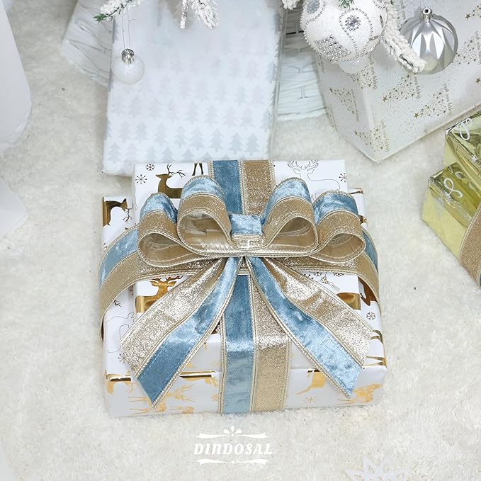 Dusty Blue Velvet Wired Christmas Ribbon 2.5 Inch Blue and Gold Glitter Holiday Ribbon – 10-Yards Roll for Tree Decorations, Gift Wrapping, Wreaths, and DIY Crafts