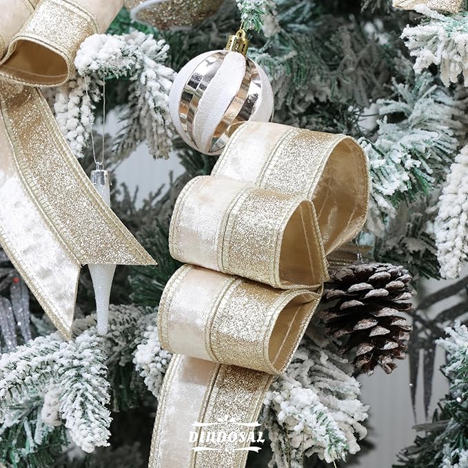 Champagne Velvet and Glitter Wired Christmas Ribbon 2.5 Inch – 10-Yards Roll for Tree Decorations, Gift Wrapping, Wreaths, and DIY Crafts