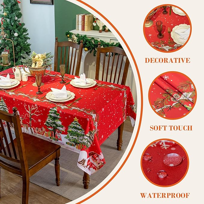 Christmas Waterproof Tablecloth – Red Holiday Table Cover with Santa Claus, Reindeer, Tree & Snowflake Design – Festive Dining Decor for Christmas Party and Home, W60 x L144 in