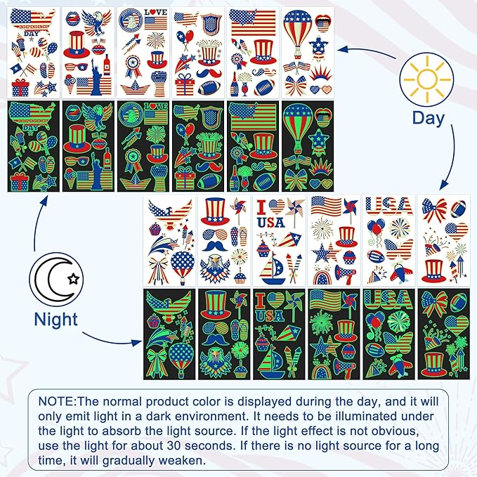106 Packs 4th of July Decorations, 4th of July Glow in the Dark Tattoos, Multiple Styles Fourth of July Tattoos, Red White and Blue Decor Suitable for Patriotic Accessories Independence Day Supplies