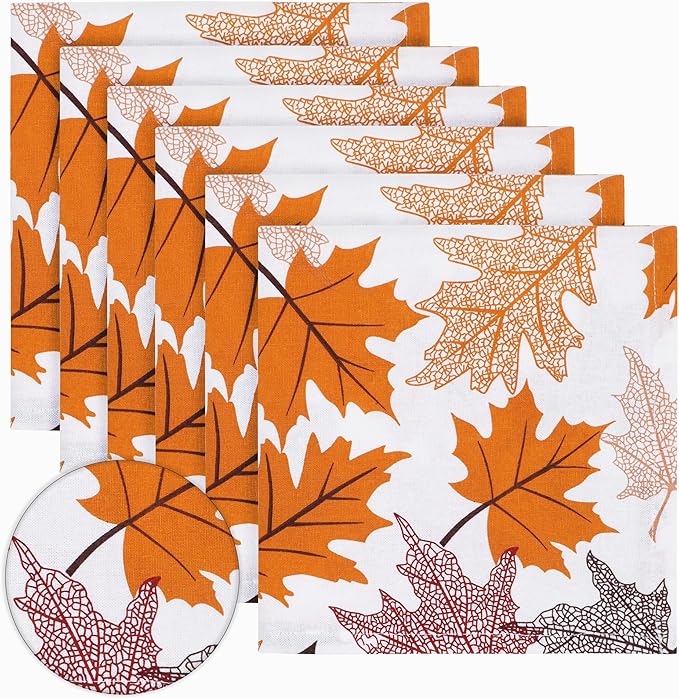 PurpleEssences Fall Harvest Decor Thanksgiving Napkins, 18x18 Fall Cloth Napkins Set of 6, 100% Cotton Autumn Fall Leaves Dinner Napkins for Farmhouse Kitchen, Maple Leaves