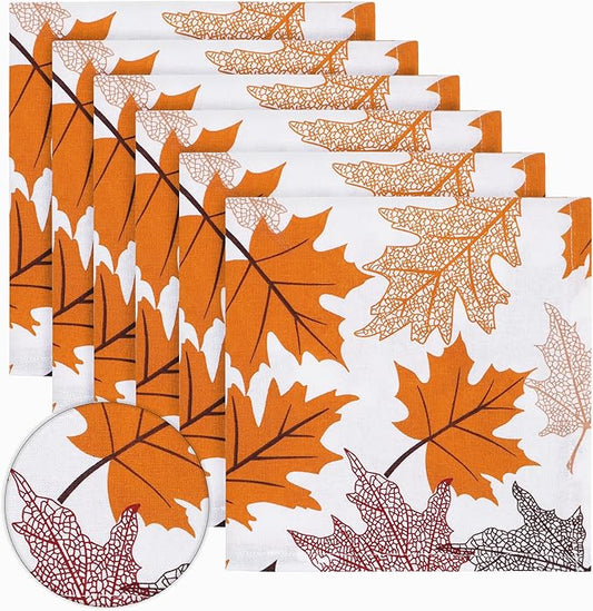 PurpleEssences Fall Harvest Decor Thanksgiving Napkins, 18x18 Fall Cloth Napkins Set of 6, 100% Cotton Autumn Fall Leaves Dinner Napkins for Farmhouse Kitchen, Maple Leaves