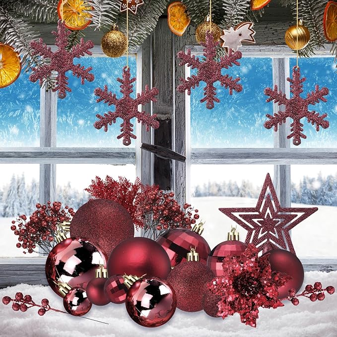 Sratte 94 Pcs Christmas Tree Decorations Set, Christmas Tree Ball Ornaments Glitter Poinsettia Flowers Decorations Glitter Berries Stems for Xmas Holiday Wedding(Burgundy)
