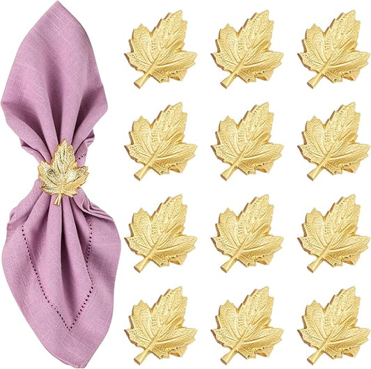 Set of 12 Maple Leaf Napkin Rings - Handcrafted Aluminum Napkin Holders for Cloth & Paper Napkins, Elegant Table Décor for Weddings, Thanksgiving, Christmas & Holiday Parties (Gold) - CLEENTABLE