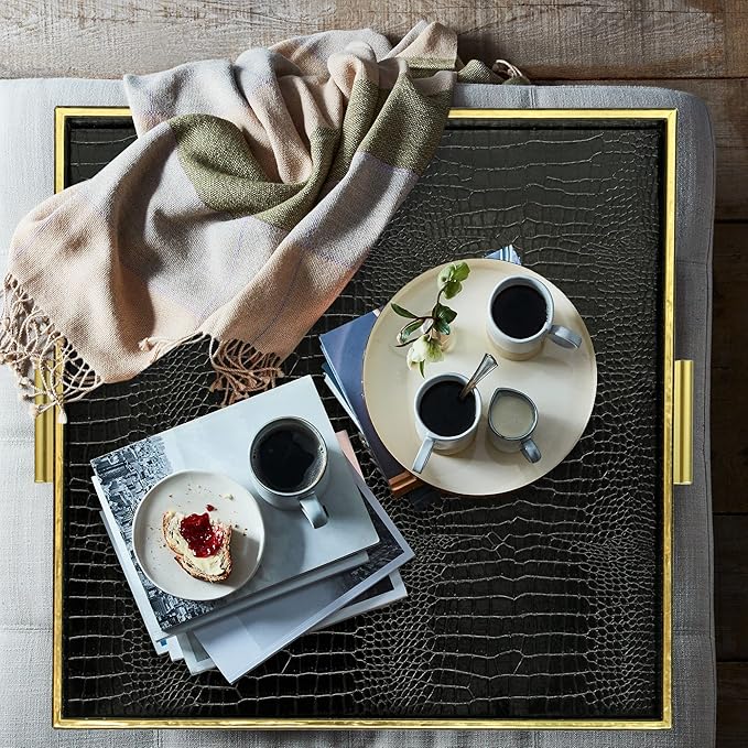 HofferRuffer Extra Large Square Serving Tray, Elegant Faux Leather Ottoman Tray with Gold Hardware Handles, Serve Tea, Coffee or Breakfast in Bed, 24 x 24 inches (Black Croco)
