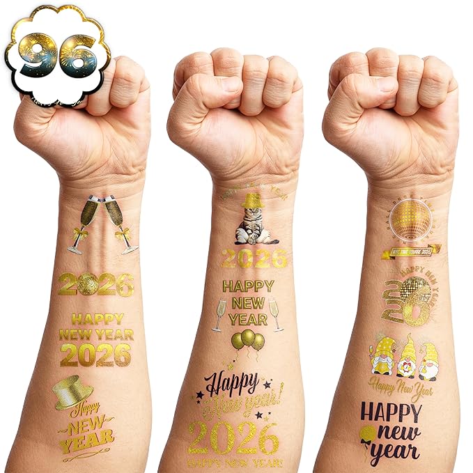 Happy New Year 2026 Temporary Tattoos Stickers – 96PCS Gold New Year’s Eve Party Favors, Decorations, Countdown Celebration Supplies, Holiday Festival Accessories Gifts for Kids and Adults