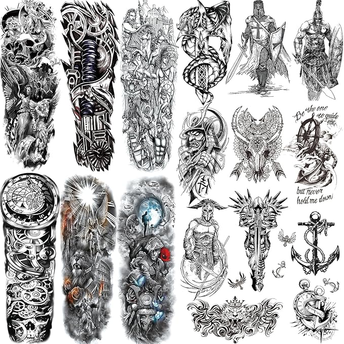 Black War Temporary Tattoo for Men, 6 Sheets Sleeve Tattoos Full Arm Temporary Tattoo, 11 Sheets Half Arm Fake Tattoos That Look Real, Soldiers for BBQ Pool Beach Party
