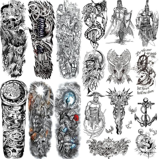 Black War Temporary Tattoo for Men, 6 Sheets Sleeve Tattoos Full Arm Temporary Tattoo, 11 Sheets Half Arm Fake Tattoos That Look Real, Soldiers for BBQ Pool Beach Party