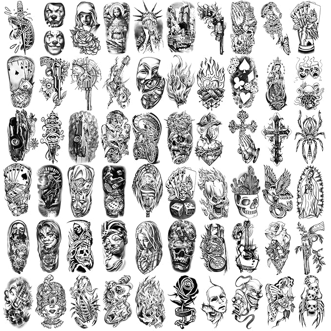 Yazhiji Waterproof Temporary Tattoos For Adult, Chicano Large Fake Tattoo Guadalupe Gangster Prisoner Day of the Dead, Lowrider Style Culture Mexico Clown 77 sheets Tattoo Stickers for Men Women