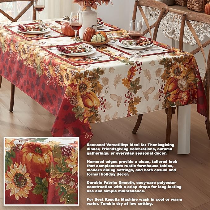 Newbridge Thanksgiving Autumns Bounty Bordered Fabric Tablecloth, 60 x 144 Inch Rectangle, Bountiful Farm Pumpkin Fall Harvest Multicolor Easy Care Table Cloth for Holiday Party