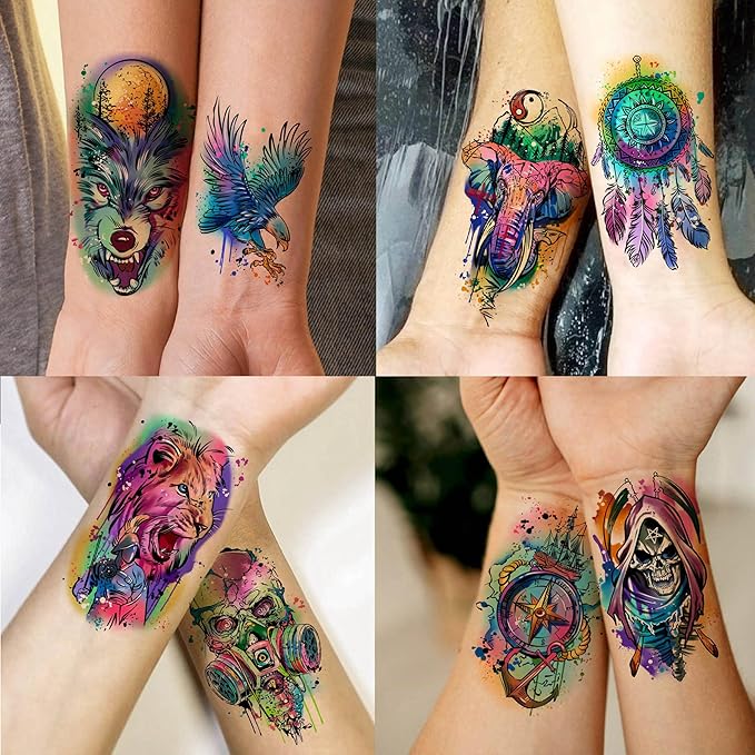 60 Sheets 3D Watercolor Temporary Tattoos For Women Men Adults, Groovy Realistic Blue Eagle Dragon Fake Tattoo Stickers Body Arm, Wolf Tiger Lion Skull Moon Colorful Fake Tattoo Halloween Snake Anchor