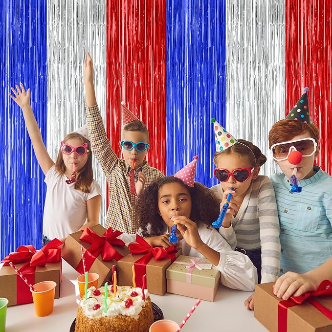 4 Pack 4th of July Decorations, 3.28 FT x 7.05 FT Independence Photo Backdrop, Metallic Blue Silver Red Backdrop Curtains Fringe Curtains Party Streamer, Patriotic Decor Fourth of July Party Supplies