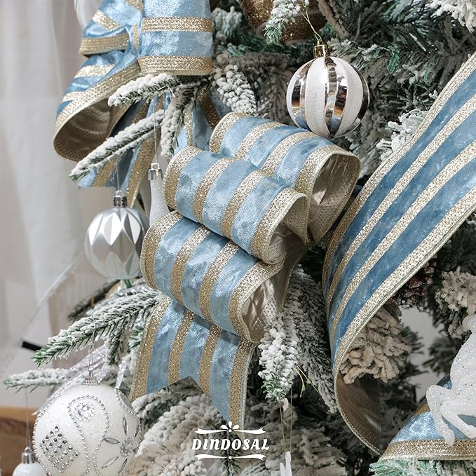 Dusty Blue Velvet Wired Ribbon with Champagne Glitter Stripe 4 Inch Extra Wide Crushed Velvet Christmas Ribbon, 10 Yards for Gift Wrapping, Crafts, Tree Decorations, Wreaths, Garlands