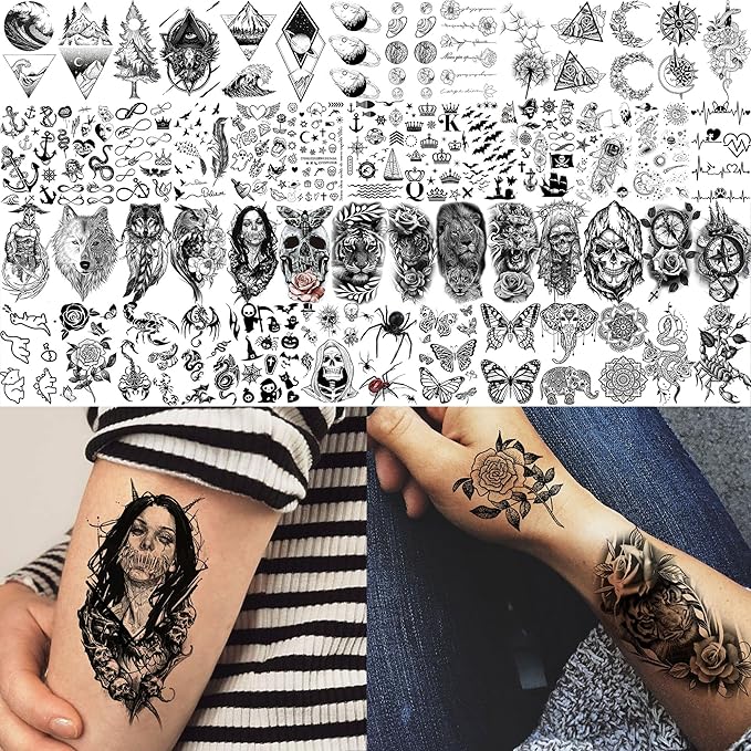 66 Sheets Snake Rose Flower Temporary Tattoos For Women Girls, Dragon Panda Florals Half Arm Sleeve Tattoo Sticker Dreamcatcher Floral, Skull Temp Butterfly Fake Tattoos For Adults Lion Tiger Leopard