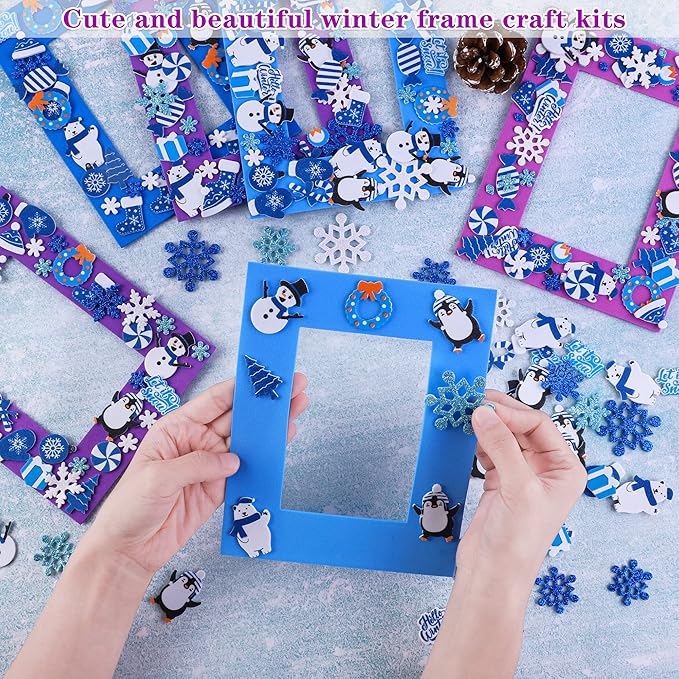 Fovths 12 Pieces Christmas Frozen Party Foam Picture Frames DIY Craft, 300 Pieces Snowflake Snowman Penguin Foam Stickers, 24 Pieces Craft Stickers for Winter Snow Party