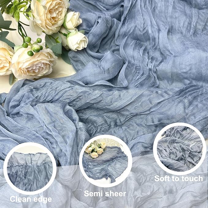 Booque Valley 3 Pack Dusty Blue Cheesecloth Table Runner 10ft Super Soft Boho Wrinkled Gauze Sheer Cloth for Baby Shower Baptism Birthday Party Wedding Centerpiece Table Decoration, 35x120 Inch