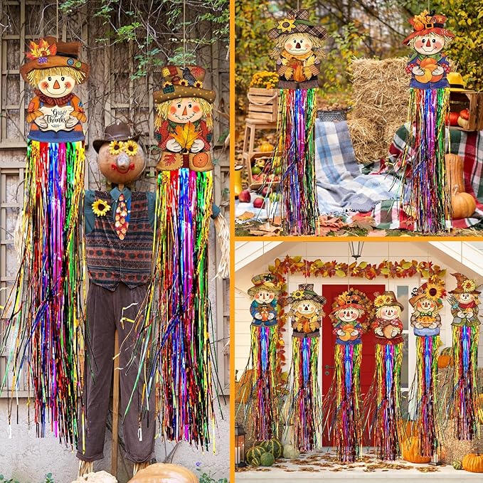 8 Pcs Fall Scarecrow Outdoor Hanging Decorations with Tassels Scarecrow Decor Thanksgiving Autumn Harvest Yard Signs for Farmhouse Festival 3.3 ft Home Lawn Yard Party Supplies Garden Decor