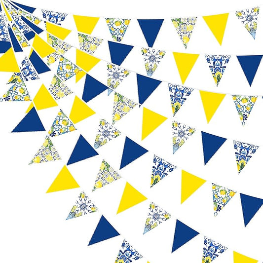 32Ft Capri Lemon Party Decorations Blue Tiles Yellow Lemon Fabric Pennant Banner Triangle Flag Garland Streamer for Amalfi Coast Capri Yellow Blue Tiles Mediterranean Birthday Baby Shower Supplies