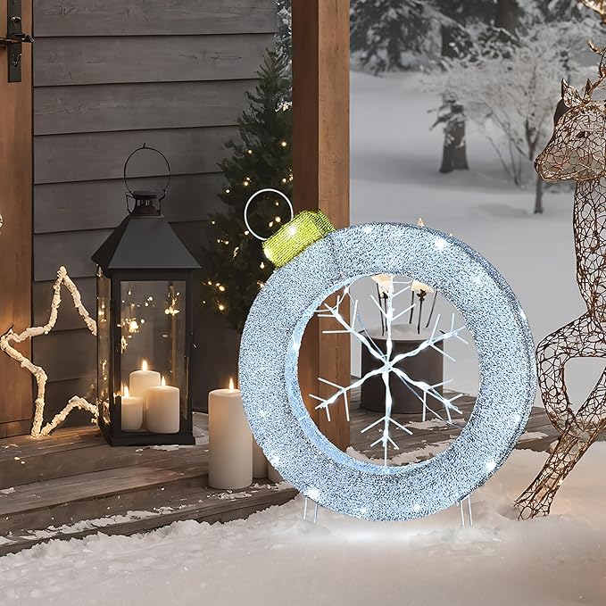 LuxenHome 2Ft Lighted Christmas Wreath, Christmas Outdoor Decorations, Large Wreath with LED Lights, Snowflake Ornament Wreath for Indoor, Lawn, Yard, Garden, Holiday Decor
