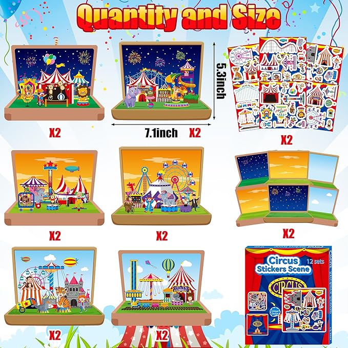 CY2SIDE Carnival Sticker Scene Kits- 12PCS Holiday Circus Theme Scene Art Craft for Kids Make Your Own Circus Sticker with Elephant Clowns DIY Carnival Party Games Class Fun Activities