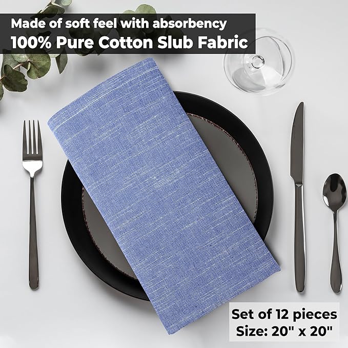 Urban Villa Cloth Napkins 100% Cotton Slub Absorbent Dinner Napkins (Set of 12) Oversized 20x20 Inches Blue White Chambray Soft Durable Reusable Washable Ideal for Everyday Use Premium Quality