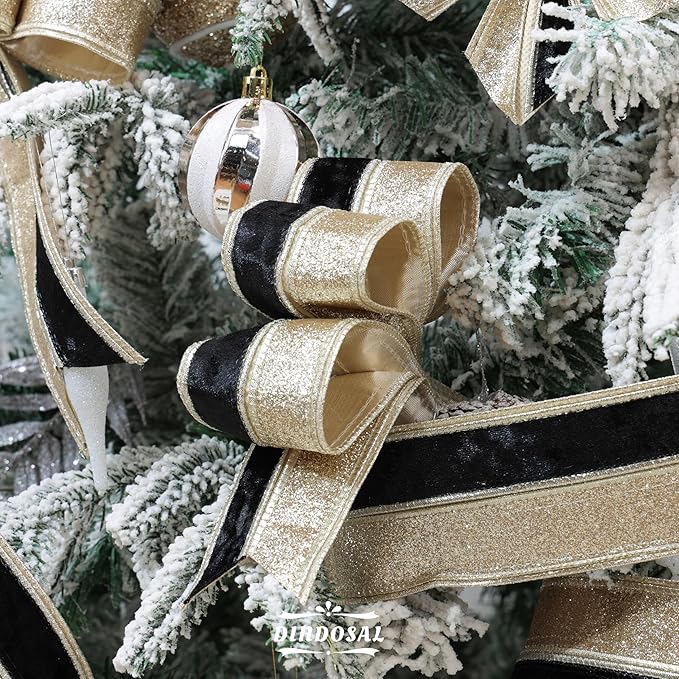 Black Velvet Wired Christmas Ribbon 2.5 Inch Black and Gold Glitter Holiday Ribbon – 10-Yards Roll for Tree Decorations, Gift Wrapping, Wreaths, and DIY Crafts