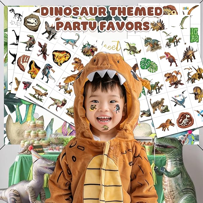 96 PCS Dinosaur 3D Pre-Cut Temporary Tattoos for Kids | Super Cute Themed Birthday Party Favors, Supplies, Decorations, Funny Jungle Fake Tattoo Stickers (Multiple)
