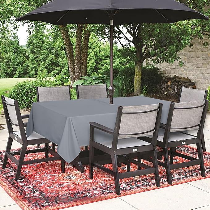 SARAFLORA Outdoor and Indoor Tablecloth -60x84 inch Silver, Wrinkle Free Washable Waterproof Table Cloth with Umbrella Hole and Zipper Rectangle Table Cover for Spring/Summer/Patio/Picnic/BBQS/Party