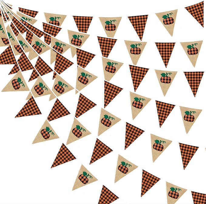 24Ft Burlap Banner - Fall Pumpkin Plaid Pennant Triangle Flag Garland Streamers - Fireplace Decor for Thanksgiving Day, Rustic Autumn Birthday Parties