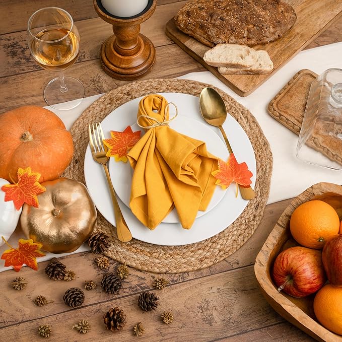 Blue Needles Solid Cloth Napkins Set of 12 Golden Yellow 100% Cotton Dinner Napkins 18x18 inches - Soft, Reusable, Absorbent & Washable Fall Thanksgiving Linen Ideal for Events, Parties & Everyday Use