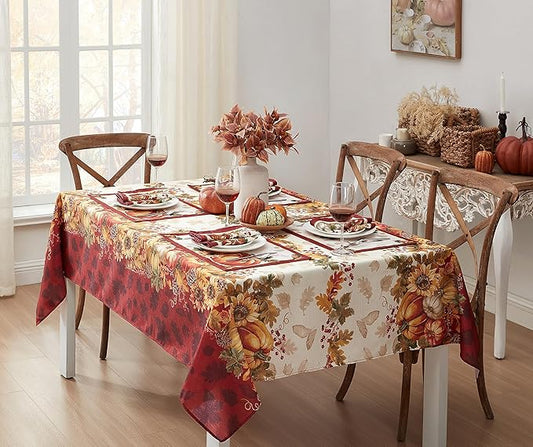 Newbridge Thanksgiving Autumns Bounty Bordered Fabric Tablecloth, 60 x 120 Inch Rectangle, Bountiful Farm Pumpkin Fall Harvest Multicolor Easy Care Table Cloth for Holiday Dining