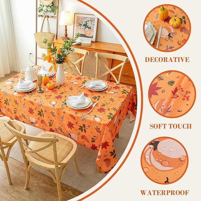 Thanksgiving Waterproof Tablecloth – Fall Harvest Pumpkins, Maple Leaves & Berries Print – Autumn Rectangle Table Cover for Dining or Party, Brown, W60 x L120 in