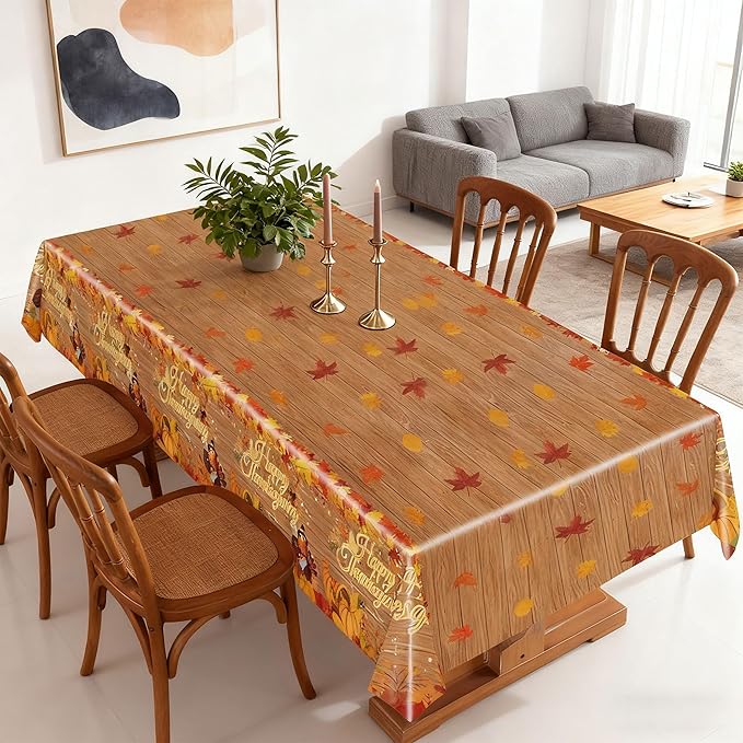 Mornajina 4 Packs 108 x 54 Inch Thanksgiving Fall Leaf Tablecloth Disposable Autumn Maple Leaf Table Cover Rectangle Plastic Table Cloth for Thanksgiving Decoration (Turkey)