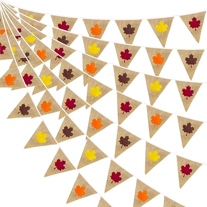 24Ft Fall Burlap Banner Fall Maple Leaves Burlap Pennant Triangle Flag Garland Streamers Vintage Fireplace Wall Hanging for Fall Party Decorations Happy Fall Day Rustic Autumn Birthday Decorations