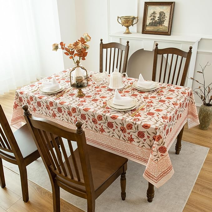 Valentine's Day Tablecloth 84 inches Length, Red Floral Waterproof Tablecloth Vintage French Style Home Decor, Elegant Floral Design, Stain Resistant, Perfect for Dining & Kitchen?W60 x L84