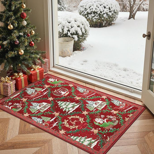Christmas Rug 2x3 Washable Rugs for Entryway Bedroom, Christmas Home Decor, Holiday Print Carpet, Low Pile Non Slip Mat with Rubber Backing, Crimson Christmas Tale Pattern