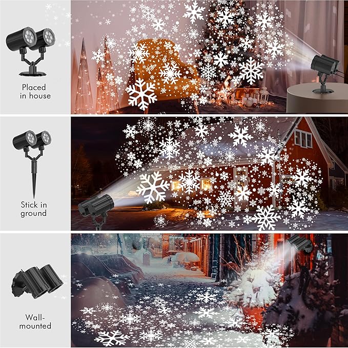 Christmas Projector Lights Outdoor, GUSODOR Dynamic Snowflake Projector IP65 Waterproof 360°Rotating LED Projection Lights for Indoor Outdoor Christmas Decoration, Holiday, Yard Decor-Dual-Head A