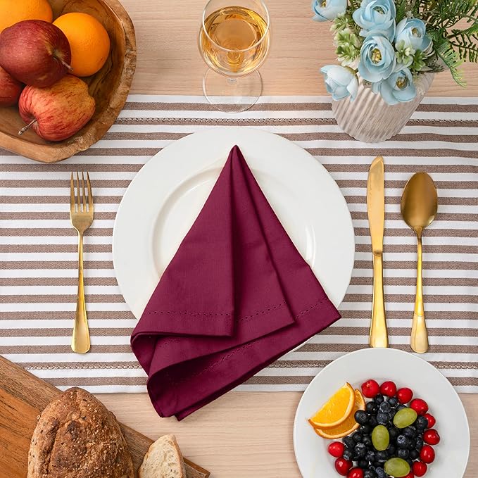 Blue Needles Set of 6 Hemstitch Linen Napkins 100% Cotton Burgundy Cloth Dinner Napkins 18x18 inches, Soft, Reusable, Absorbent, Washable, Ideal for Fall Thanksgiving Events, Parties & Everyday Use