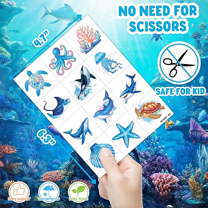 96 PCS Ocean Sea Animal Shark Whale Fish Pre-Cut Temporary Tattoos for Kids | Super Cute Themed Birthday Party Favors, Supplies, Decorations, Fake Tattoo Stickers (Multiple)