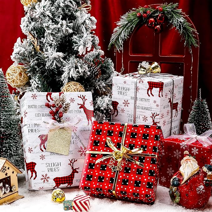 WRAPAHOLIC 30 Inch Christmas Wrapping Paper Roll - Jumbo Roll Rustic Holiday Woodland Scenes - Snowflake, Plaid, Reindeer - 4 Rolls - 30 Inch x 120 Inch Per Roll