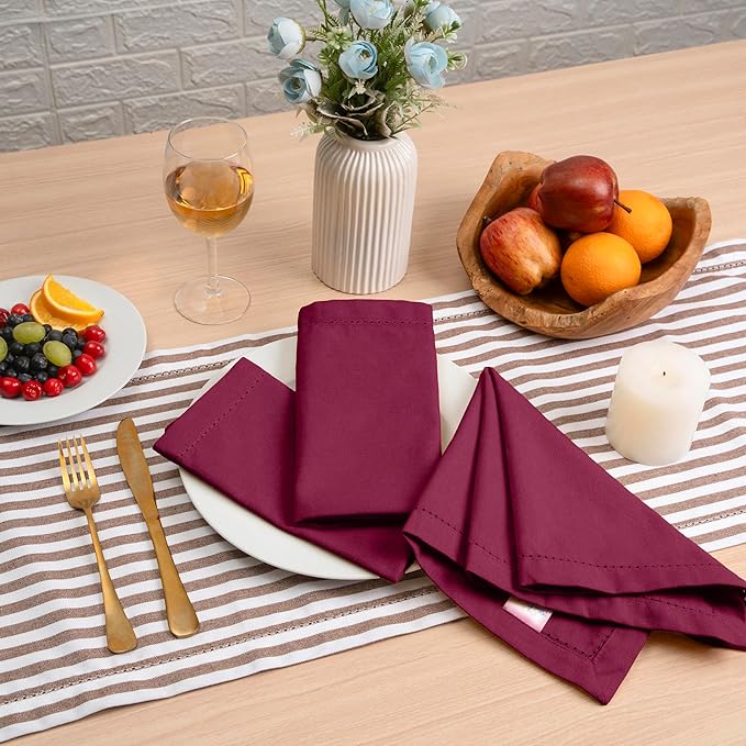 Blue Needles Set of 6 Hemstitch Linen Napkins 100% Cotton Burgundy Cloth Dinner Napkins 18x18 inches, Soft, Reusable, Absorbent, Washable, Ideal for Fall Thanksgiving Events, Parties & Everyday Use