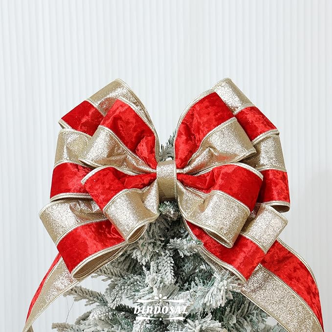 Red Velvet Wired Christmas Ribbon 4 Inch Extra Wide Thick Red and Gold Glitter Holiday Ribbon – 10-Yards Roll for Tree Decorations, Gift Wrapping, Wreaths, and DIY Crafts