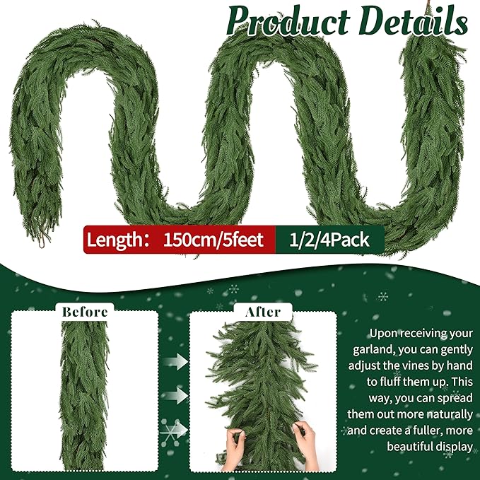 Palonu 4 Pcs 5Ft Artificial Norfolk Garland, Faux Christmas Greenery Touched Like Real Needles Pine, Decoration for Table Mantle Wall Porch Fireplace Indoor Outdoor Winter Holiday Décor