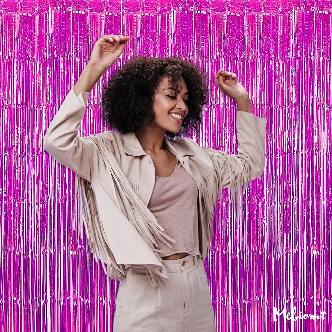 4 Pack Fuchsia Fringe Curtain Backdrop, 3.2Ft x 9.8Ft Metallic Tinsel Foil Fringe Streamers Background for Photo Booth Birthday Wedding Baby Shower Carnival Easter Mother’s Day Party Decorations